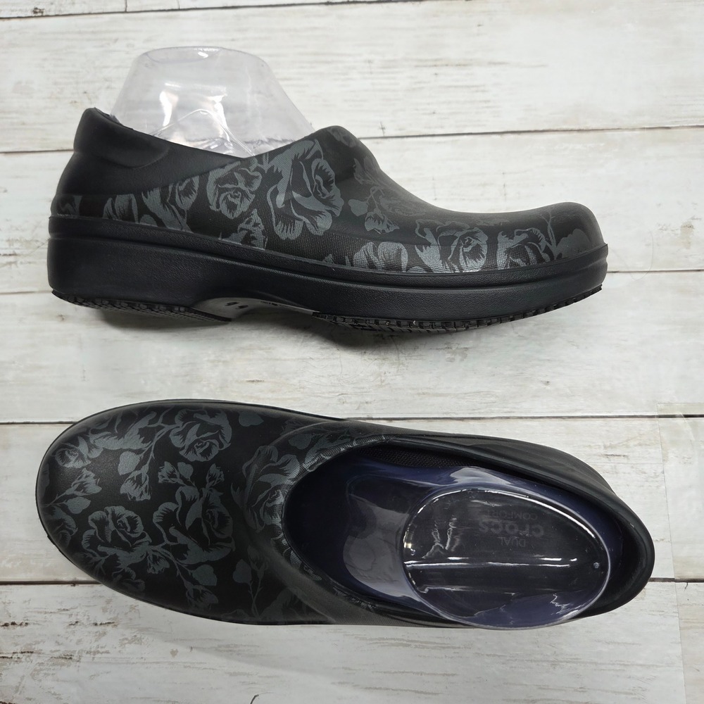 Crocs Neria Pro II Floral Work Clog Women 11 Black Rose Slip Resistant 205385